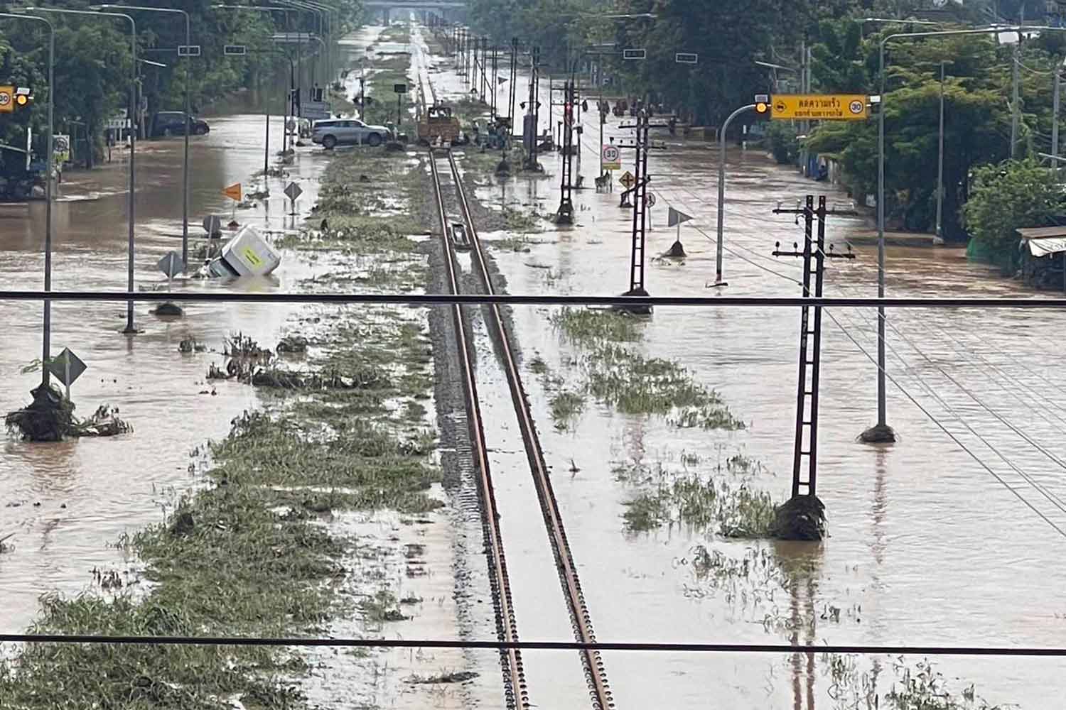 Flooded railway tracks in Thailand